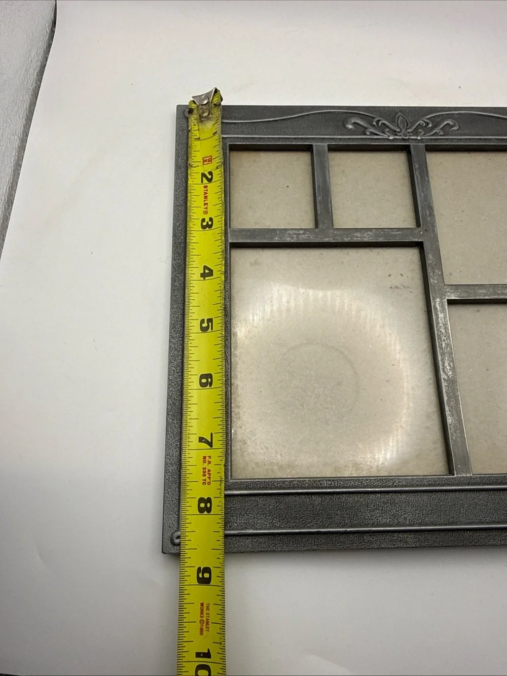 VTG Pewter Frame 9”x9.5” Hold 5 Photos 2- 2x 1.5 & 2- 2 3/8 x 1.75 1- 4x3 Scroll